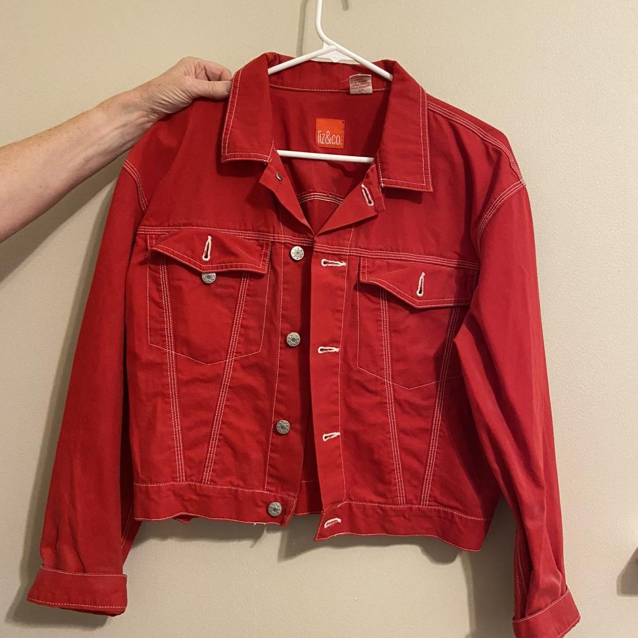 Thin denim jacket. Bright red with white contrast... - Depop