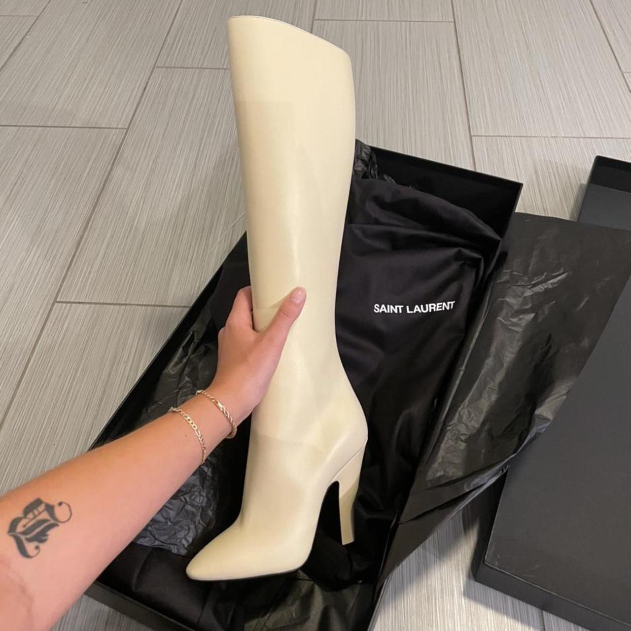 Saint Laurent Knee High Mm Boot In Eggshell Depop