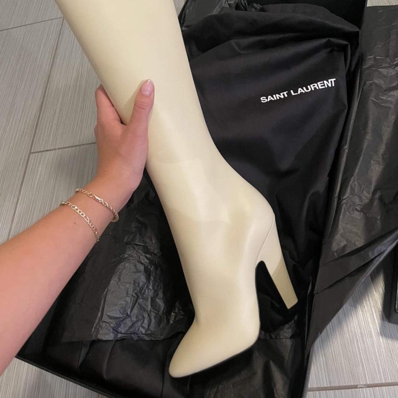 Saint Laurent Knee High Mm Boot In Eggshell Depop