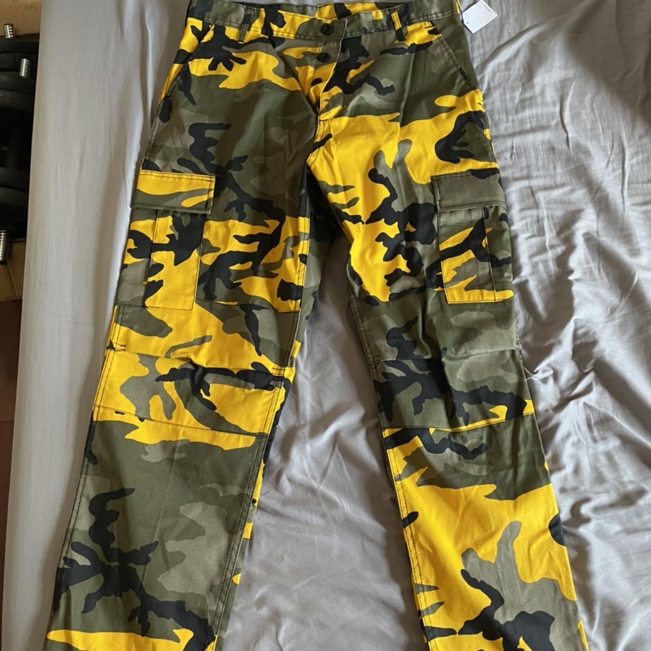 Yellow/grey/green/black camo utility pants from... - Depop