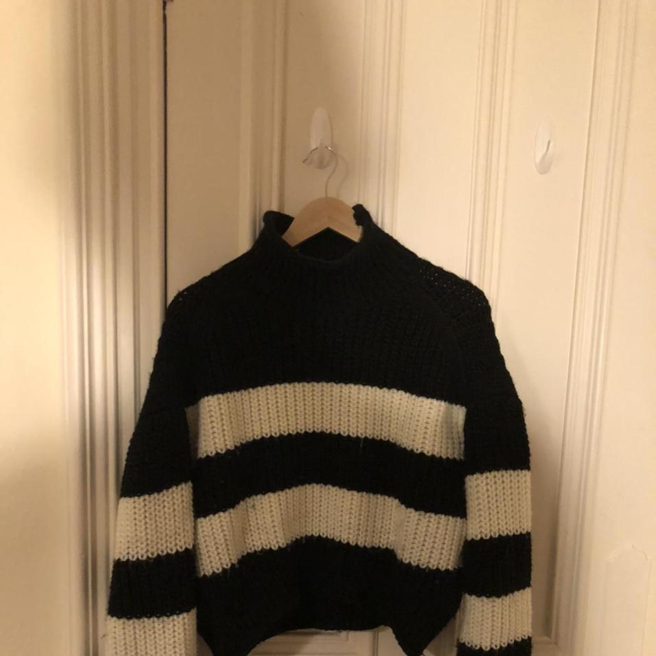 Oversized black and white stripped wool turtleneck... - Depop