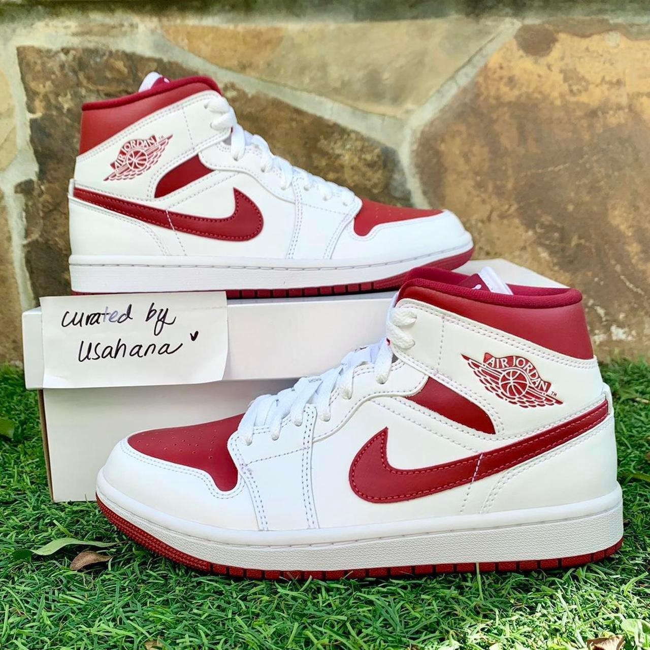 Women’s Nike Air Jordan 1 mid white pomegranate red... - Depop