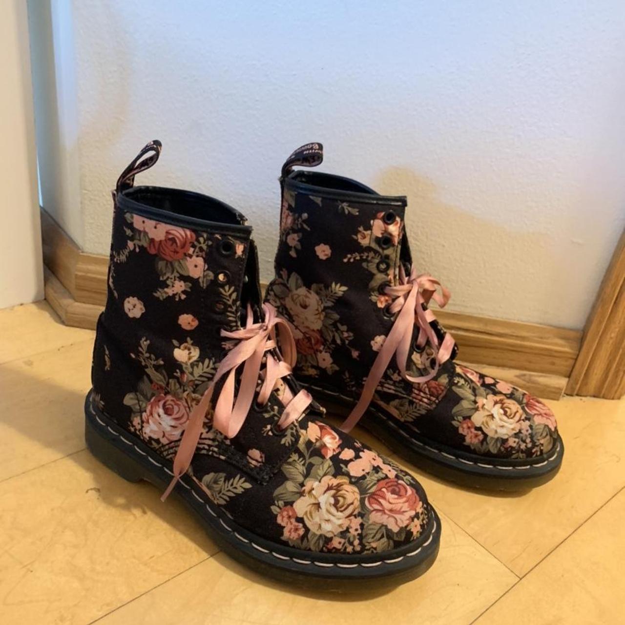 Super cute floral doc marten boots with pink ribbon... - Depop