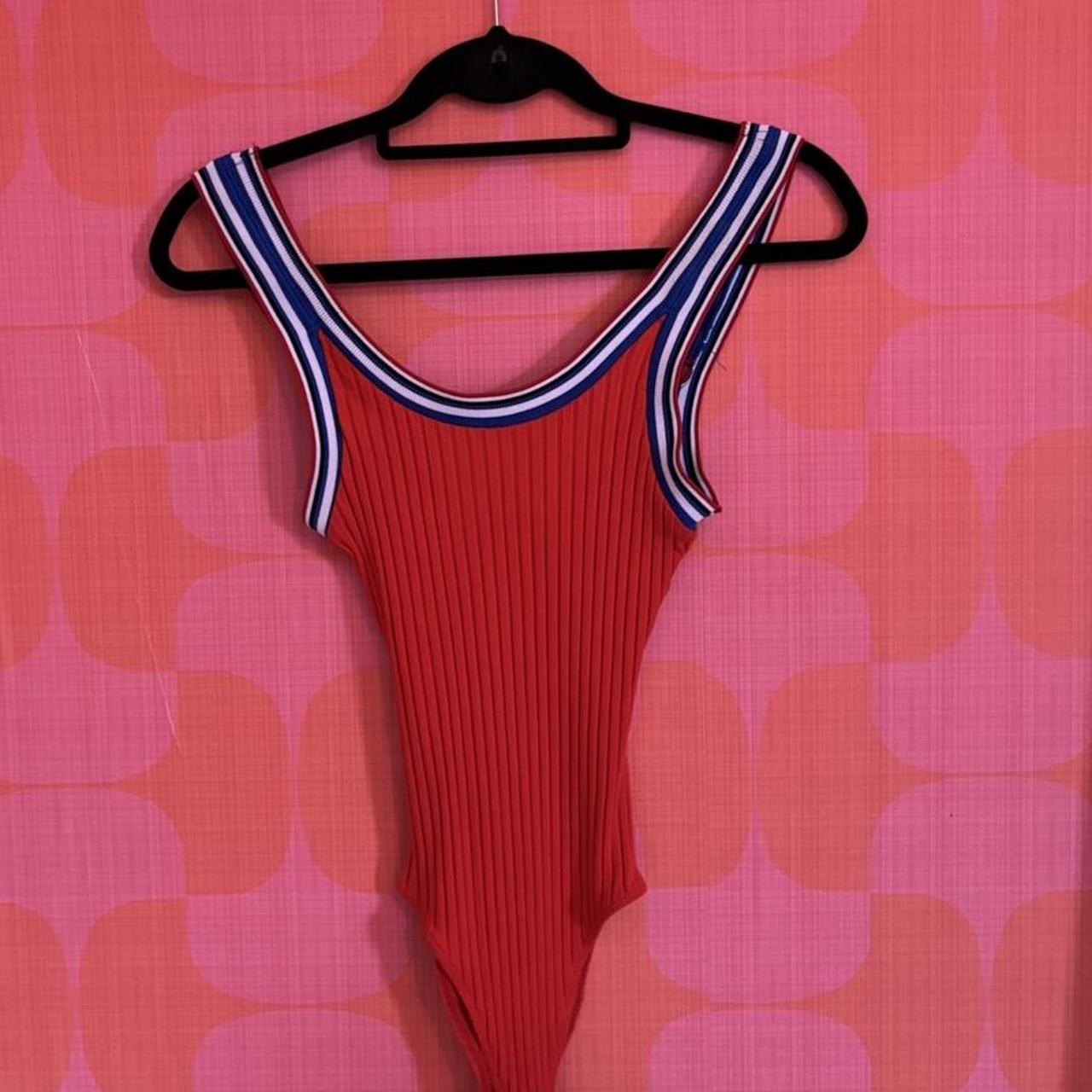 Bershka sporty bodysuit in size small. Red with blue - Depop