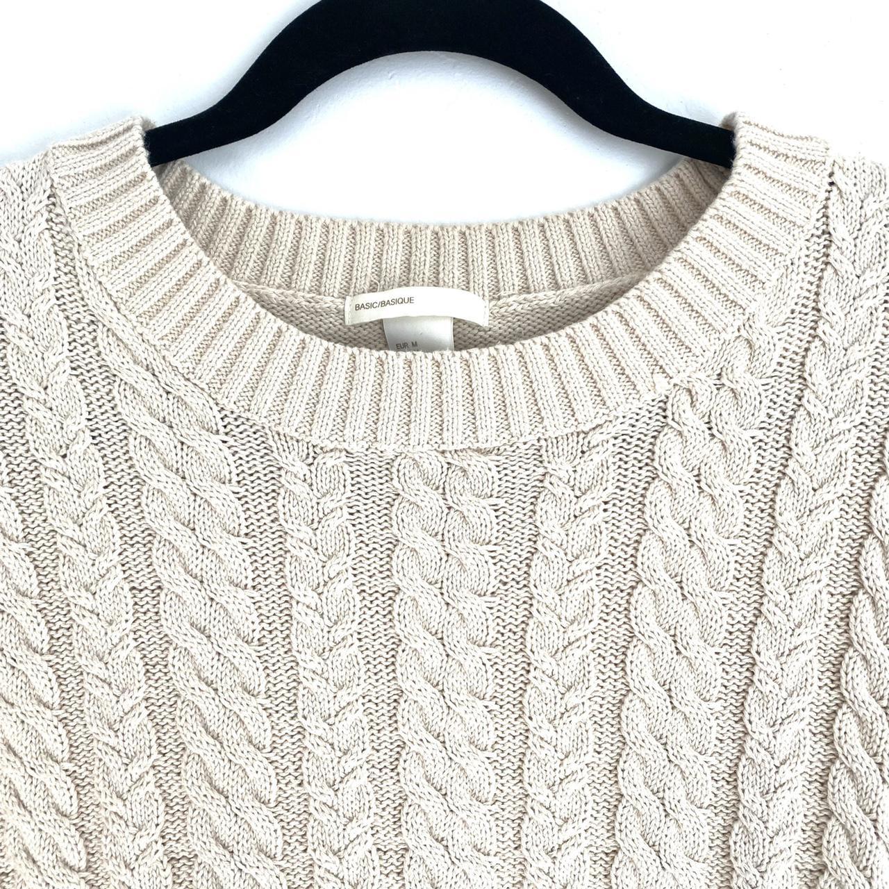 H&M Beige Cream Cable Knit Crewneck Side Split Loose... Depop
