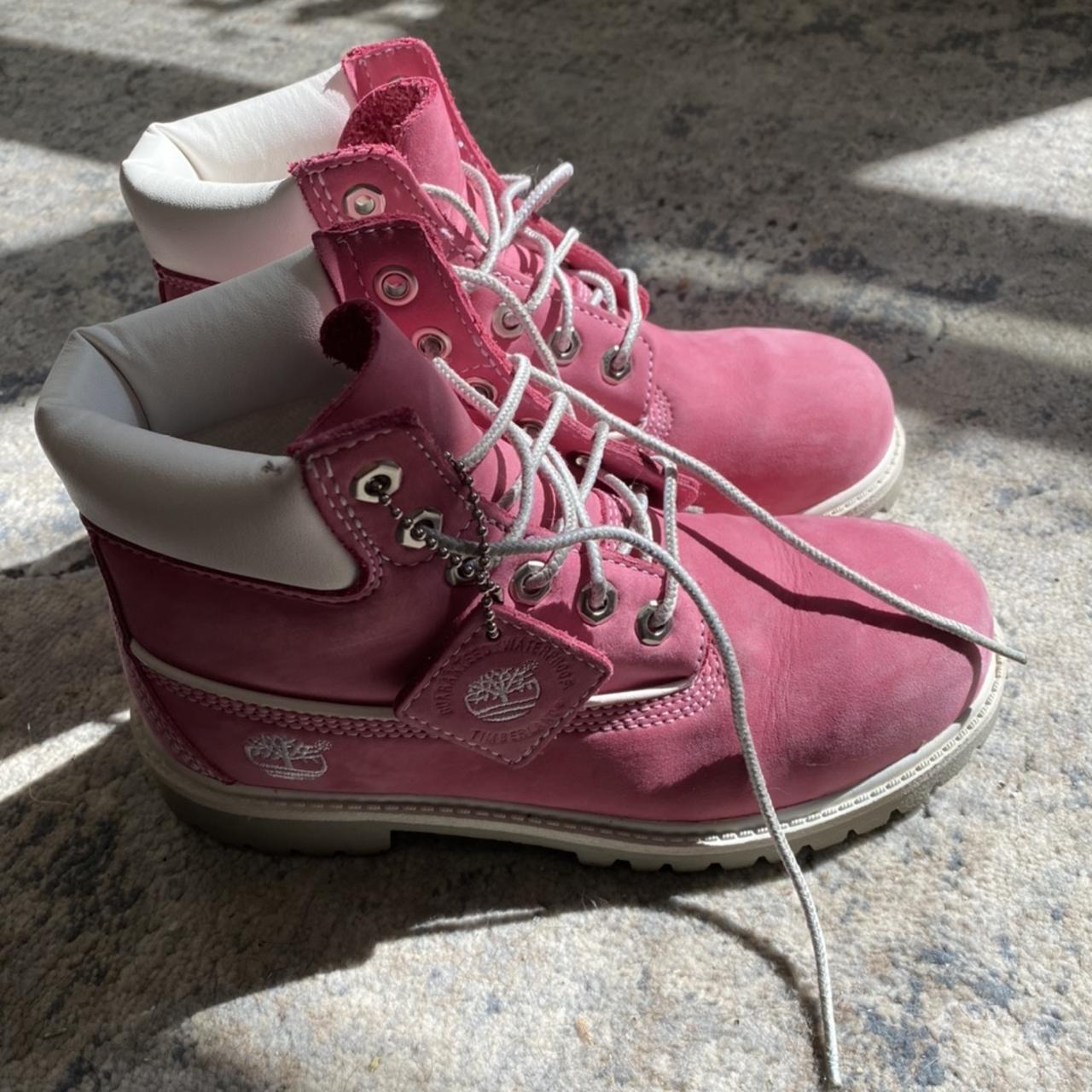 pink and white timberland boots (free us... - Depop