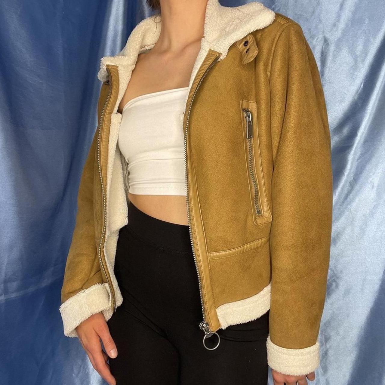 Suede tan aviator jacket with white faux shearling... Depop