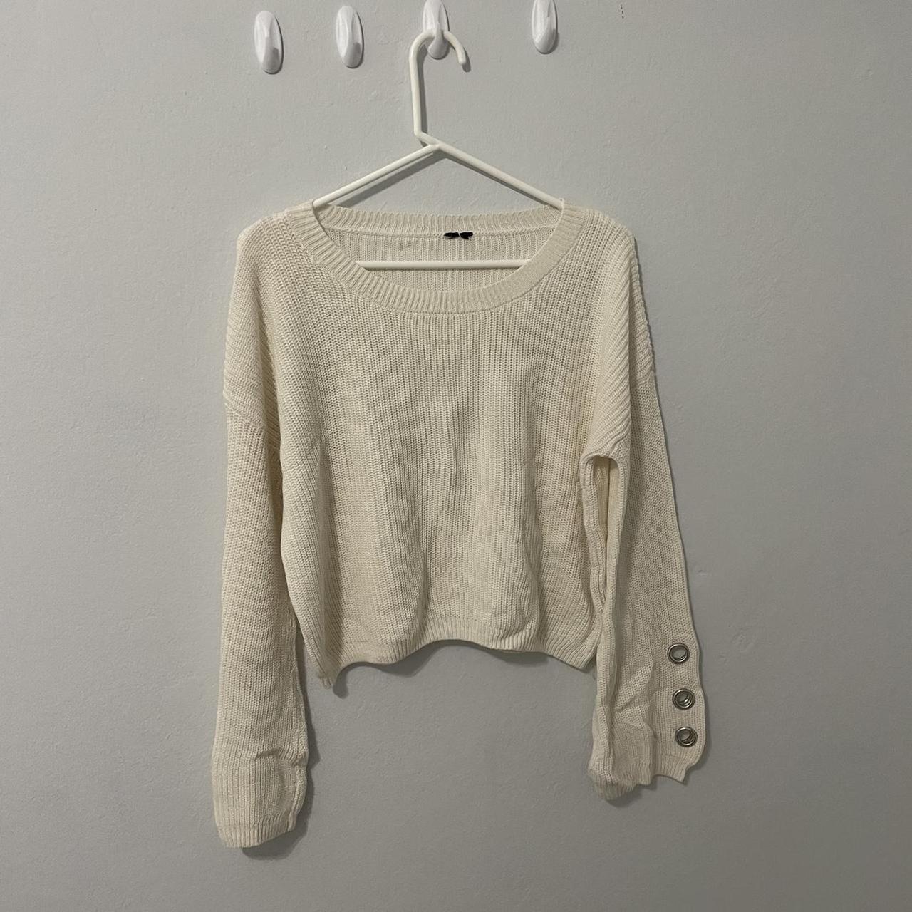 White knit sweater with flared arms Size... - Depop