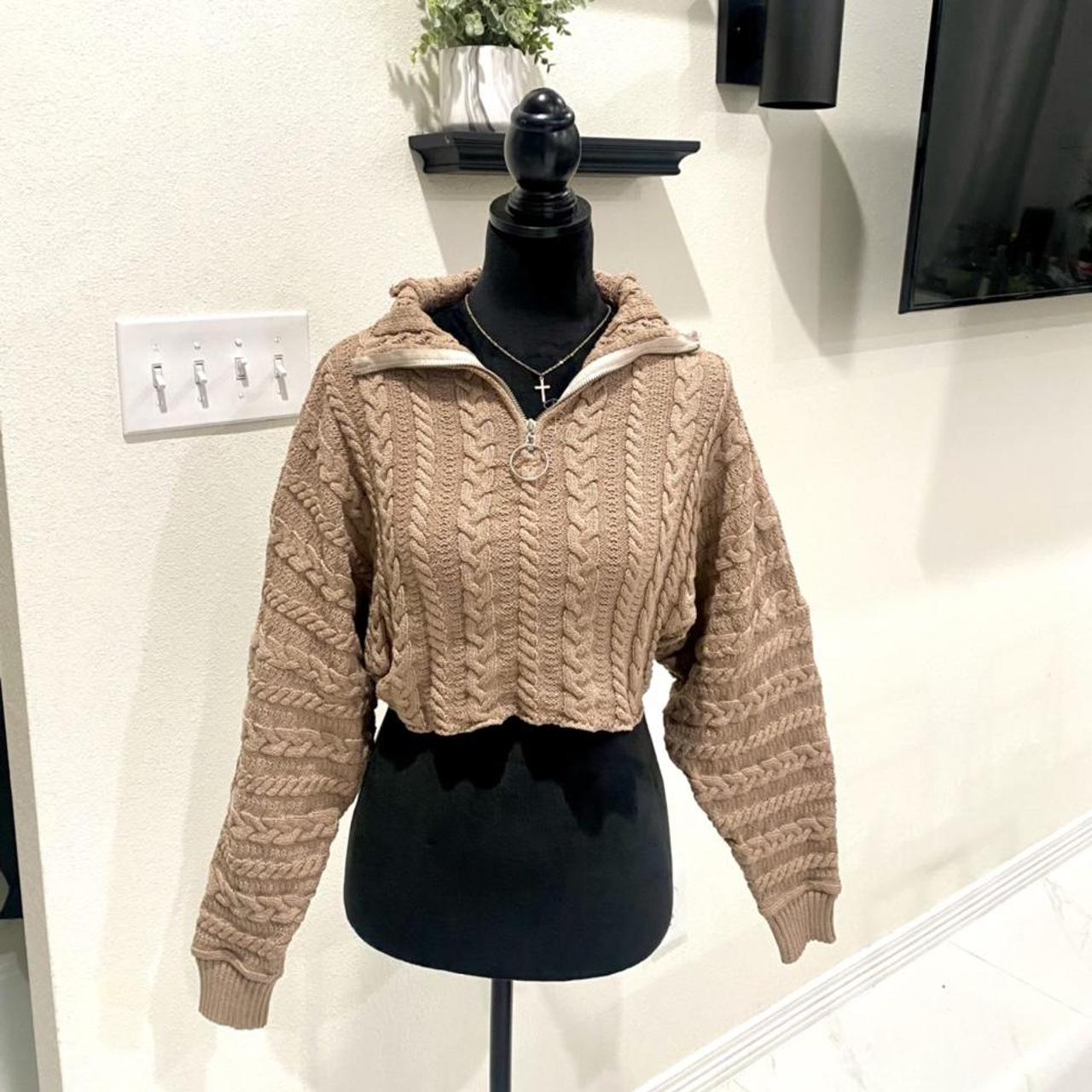 Fashion Nova Taupe Cable Knit Cropped Sweater. Size... - Depop