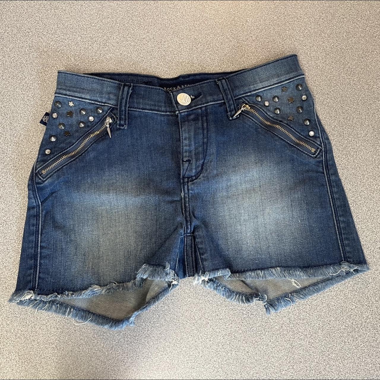 Rock & Republic Size 2 Blue Jean Shorts w/ Studs &... - Depop