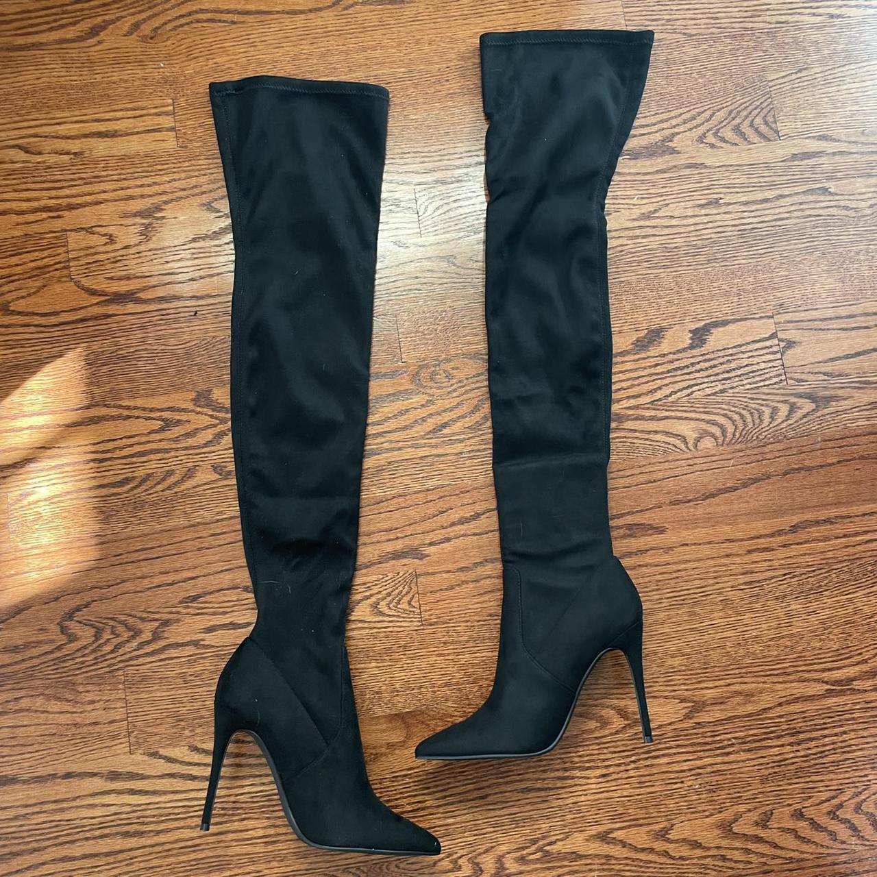 emmi black faux suede extreme thigh high heeled boots