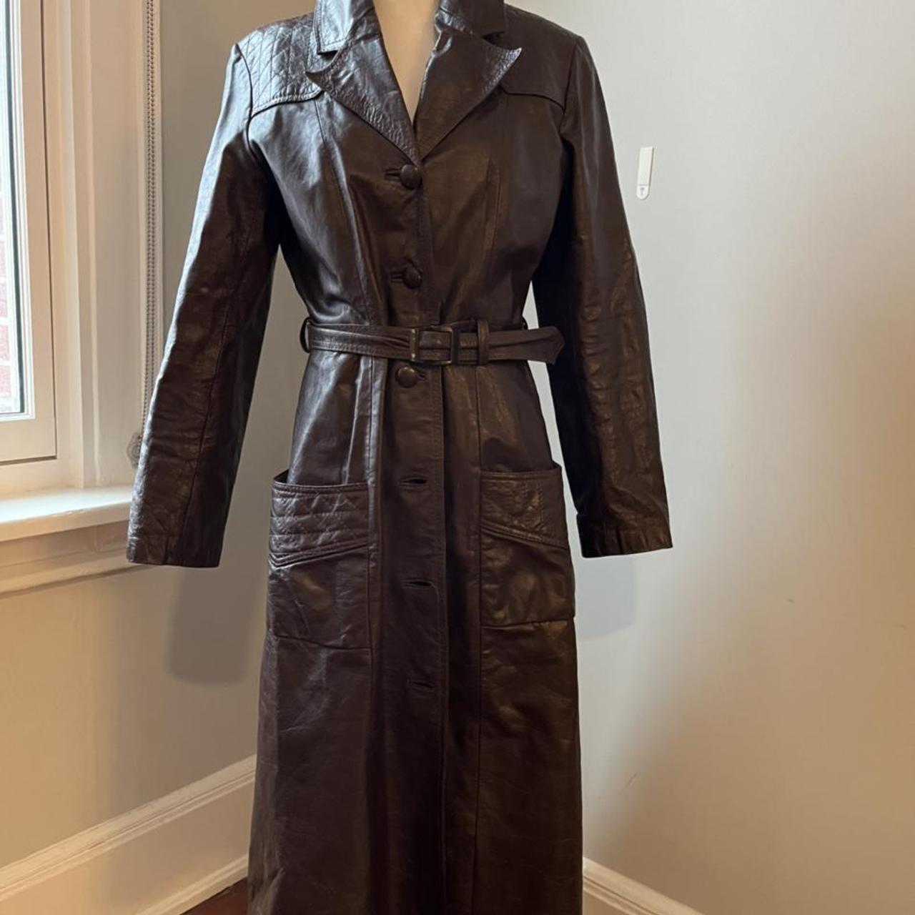 Vintage 70s belted leather trench coat. Chocolate... - Depop