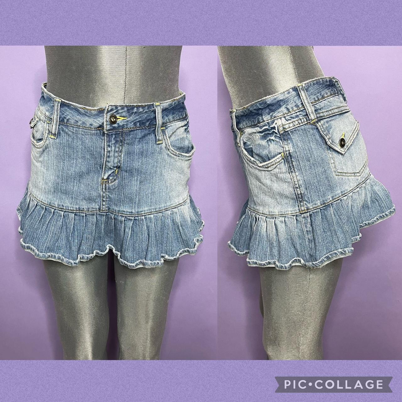 S Pleated Light Wash Denim Mini Skirt Fits Depop