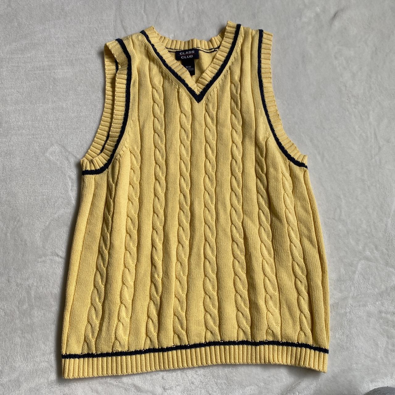 repop of pastel yellow sweater vest with navy... Depop