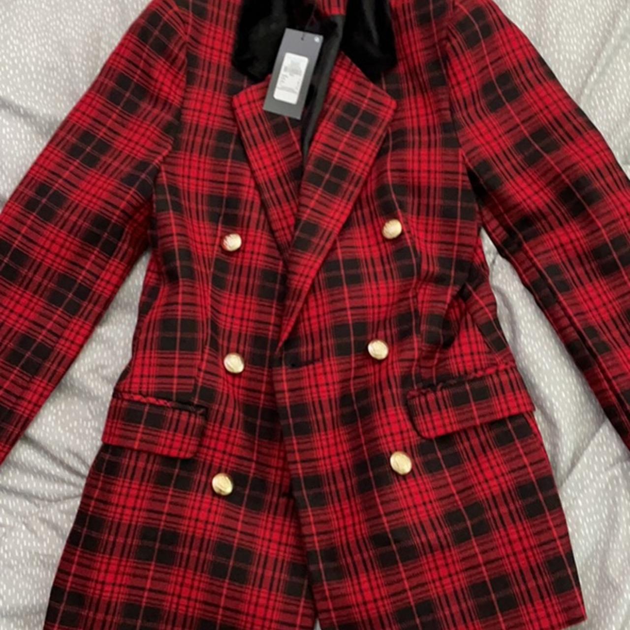 Red Check Blazer Jacket With Gold Buttons Size Depop