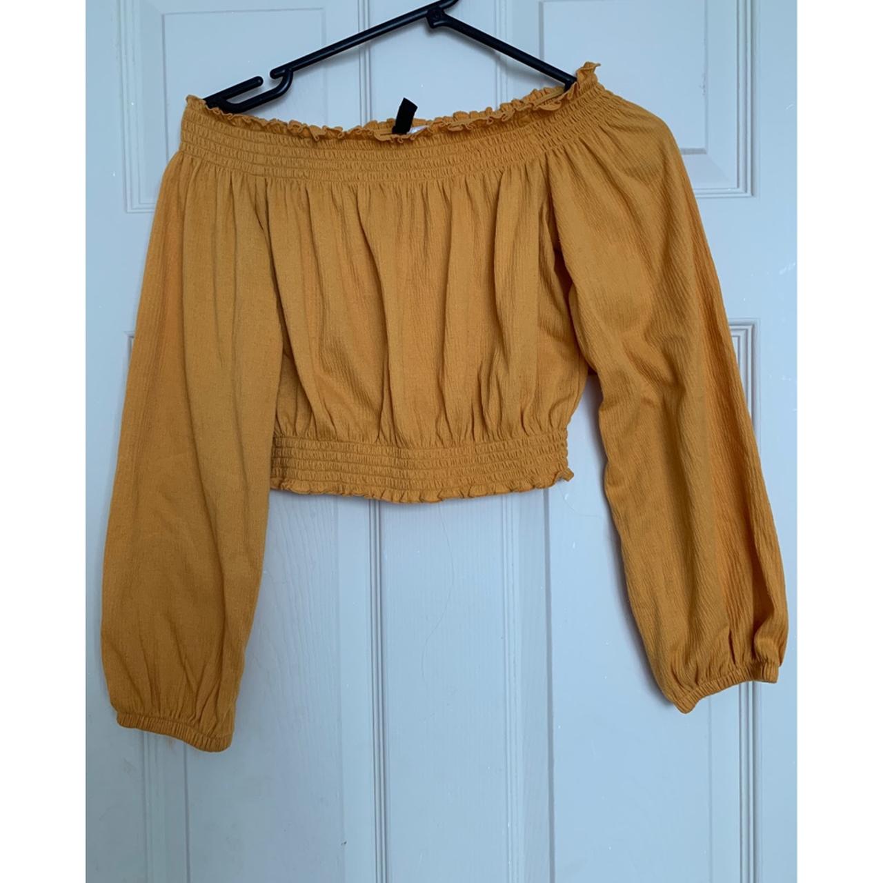 Mustard puff sleeve cropped bardot top,