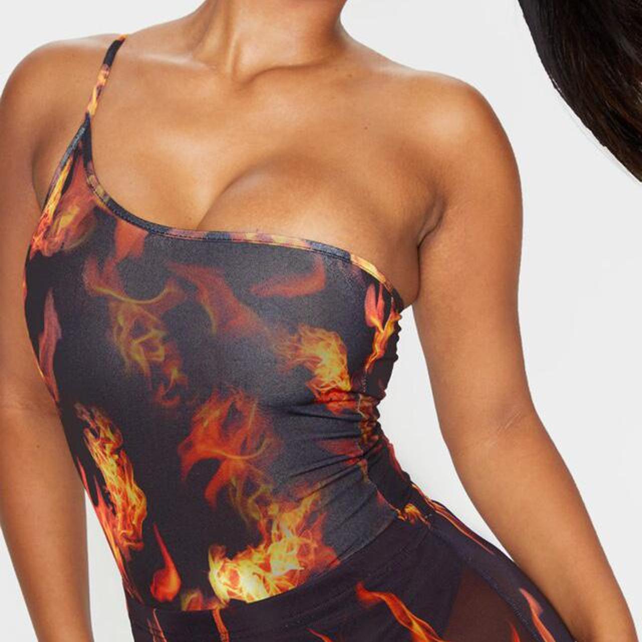 Flame Print One Shoulder Strappy Thong Bodysuit