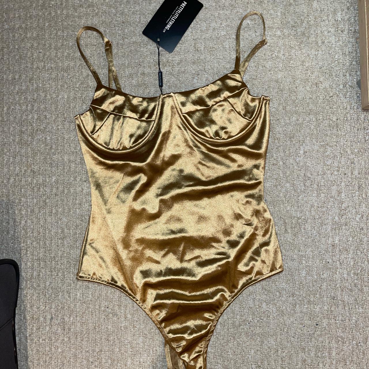 🥂Champagne Stretch Satin Thong Bodysuit 🥂Size Small - Depop