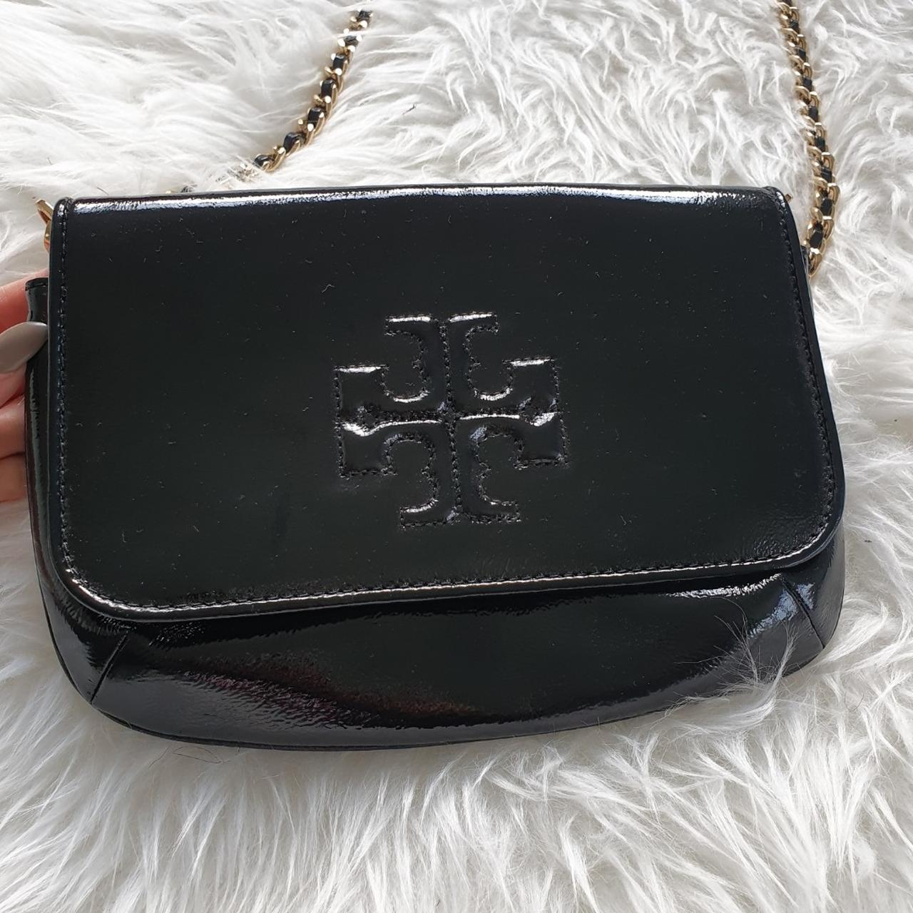 Tory Burch Charlie Clutch Black Patent Leather Cross