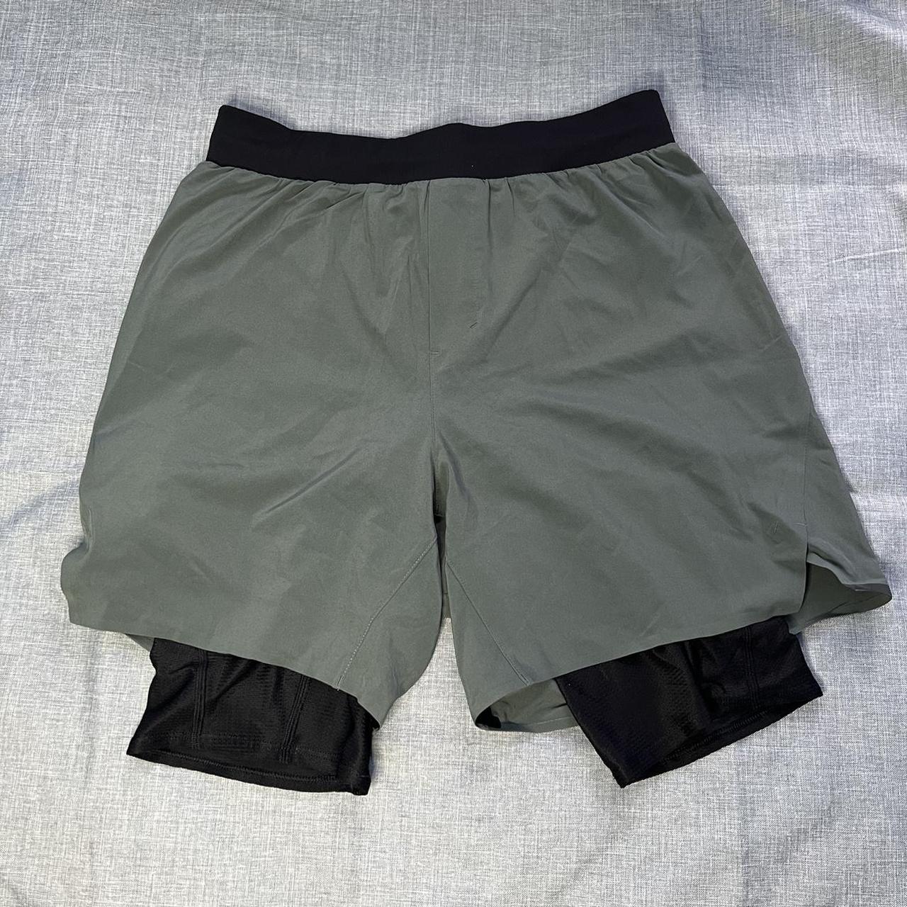 Men’s dark green Lululemon athletic shorts with... - Depop