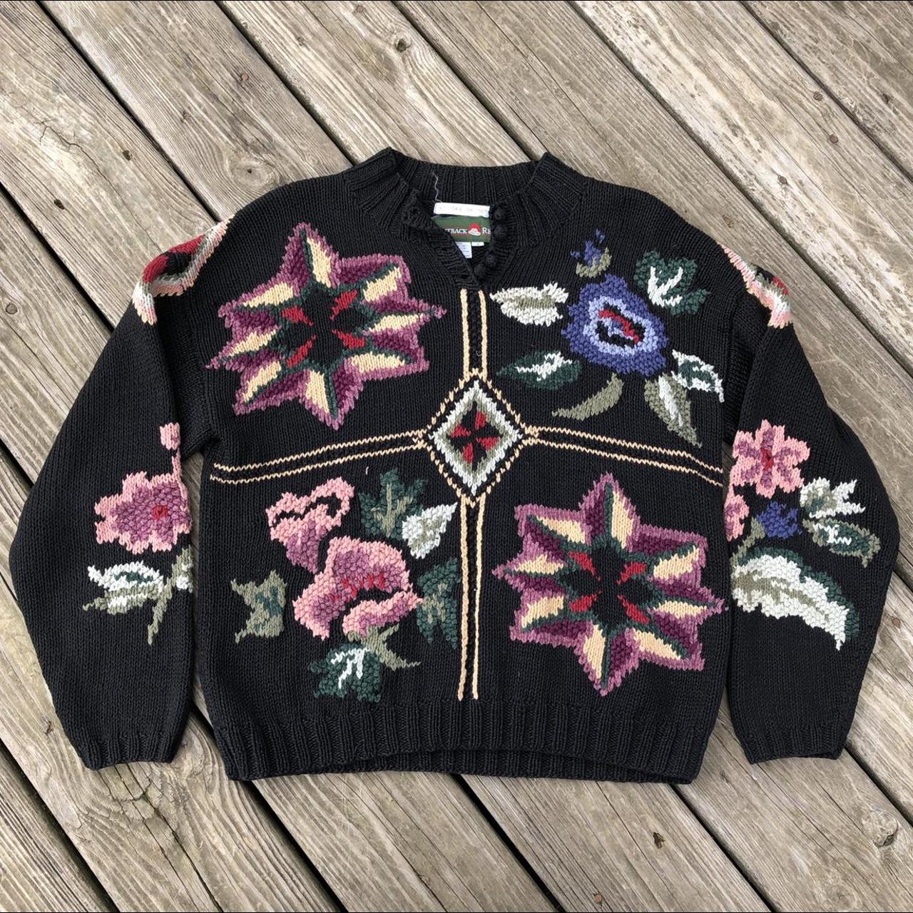 Vintage Outback Red Floral Geometric Hand Knit... - Depop