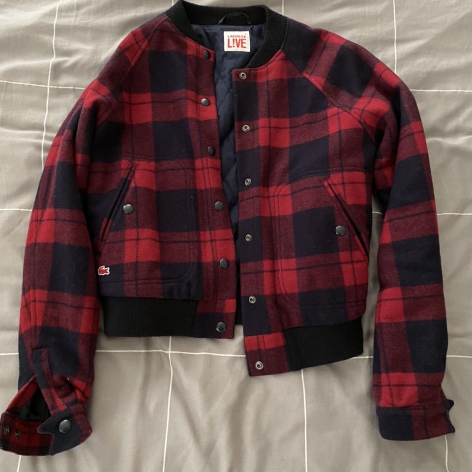 lacoste live! plaid, lined wool blend bomber jacket... - Depop