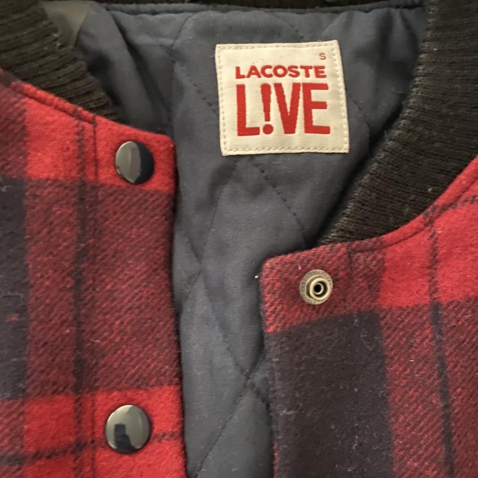 lacoste live! plaid, lined wool blend bomber jacket... - Depop