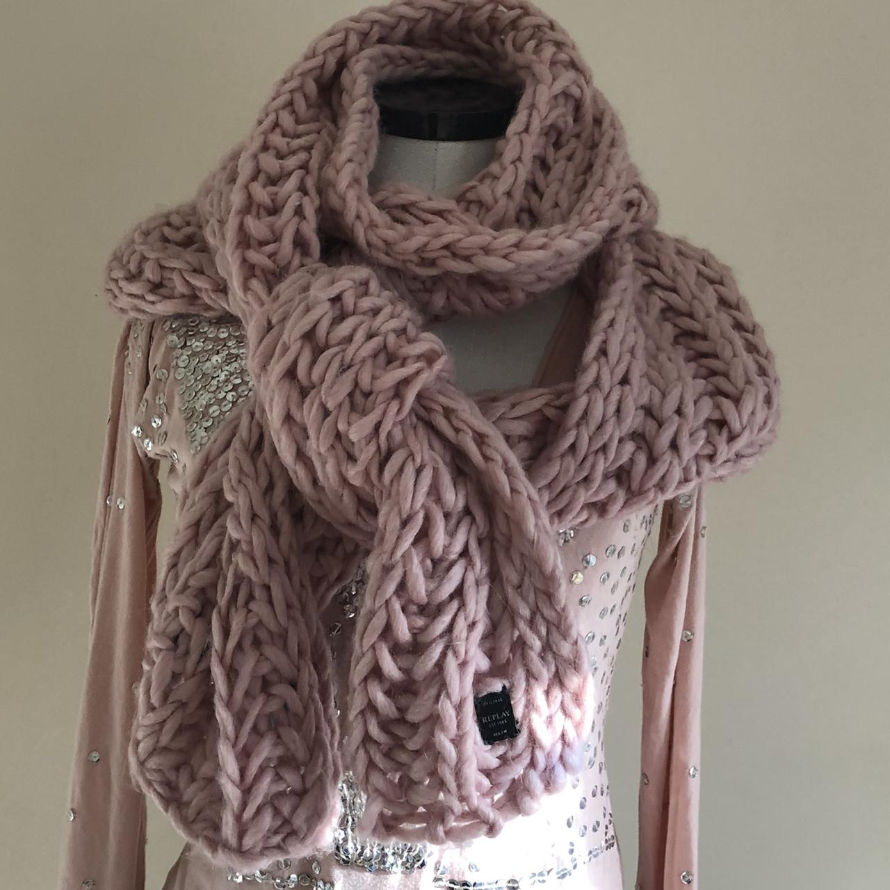 REPLAY SCARF CHUNKY KNITTED PINK WOOL SHAWL Wool,... Depop