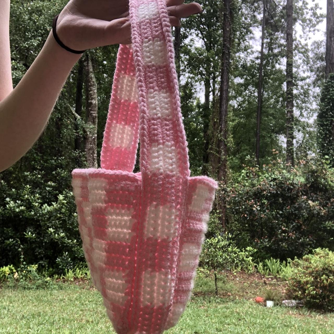 CHECKERED CROCHET TOTE BAG ($4.75 SHIPPING) PINK + - Depop