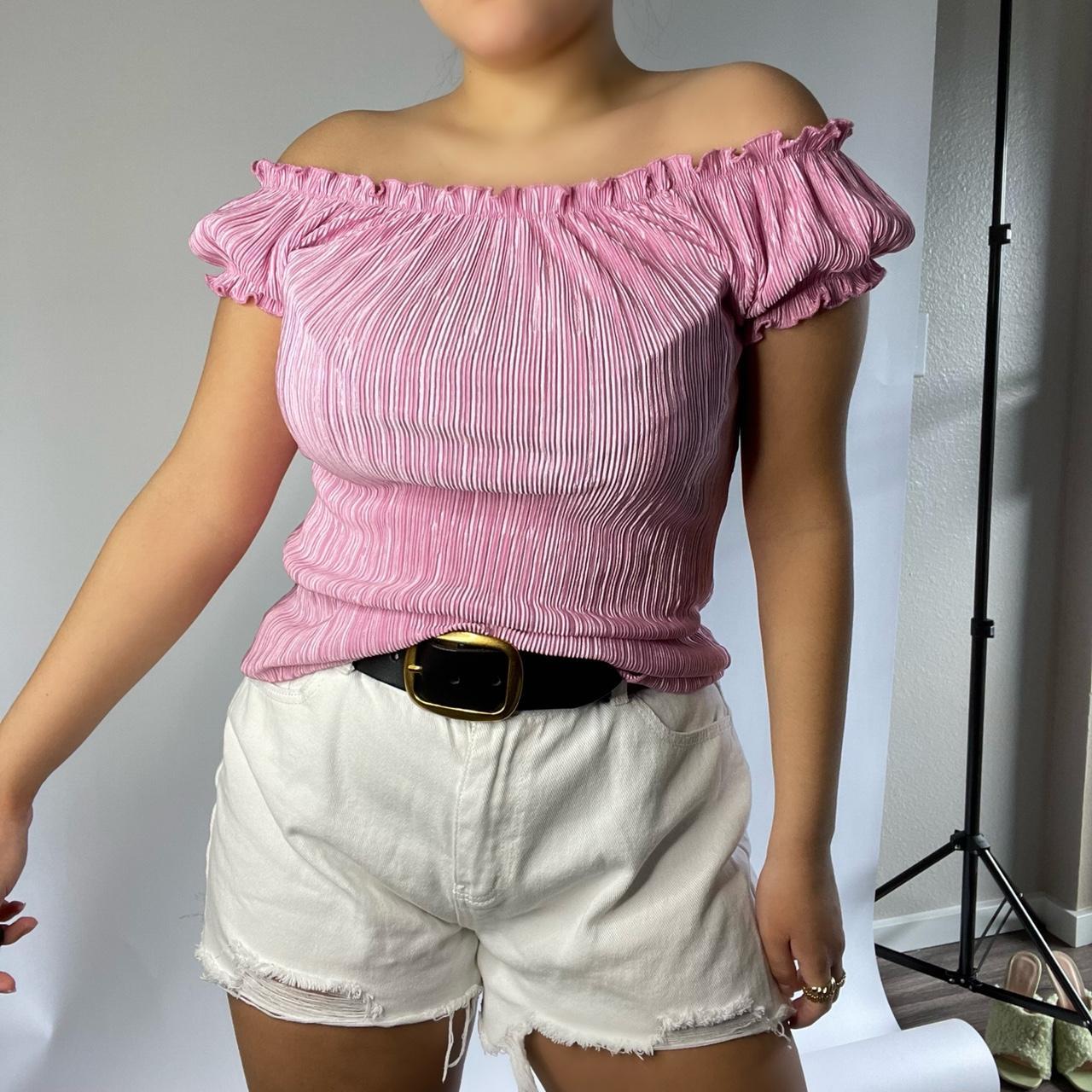 Cutest baby pink y2k off shoulder vintage top marked... - Depop