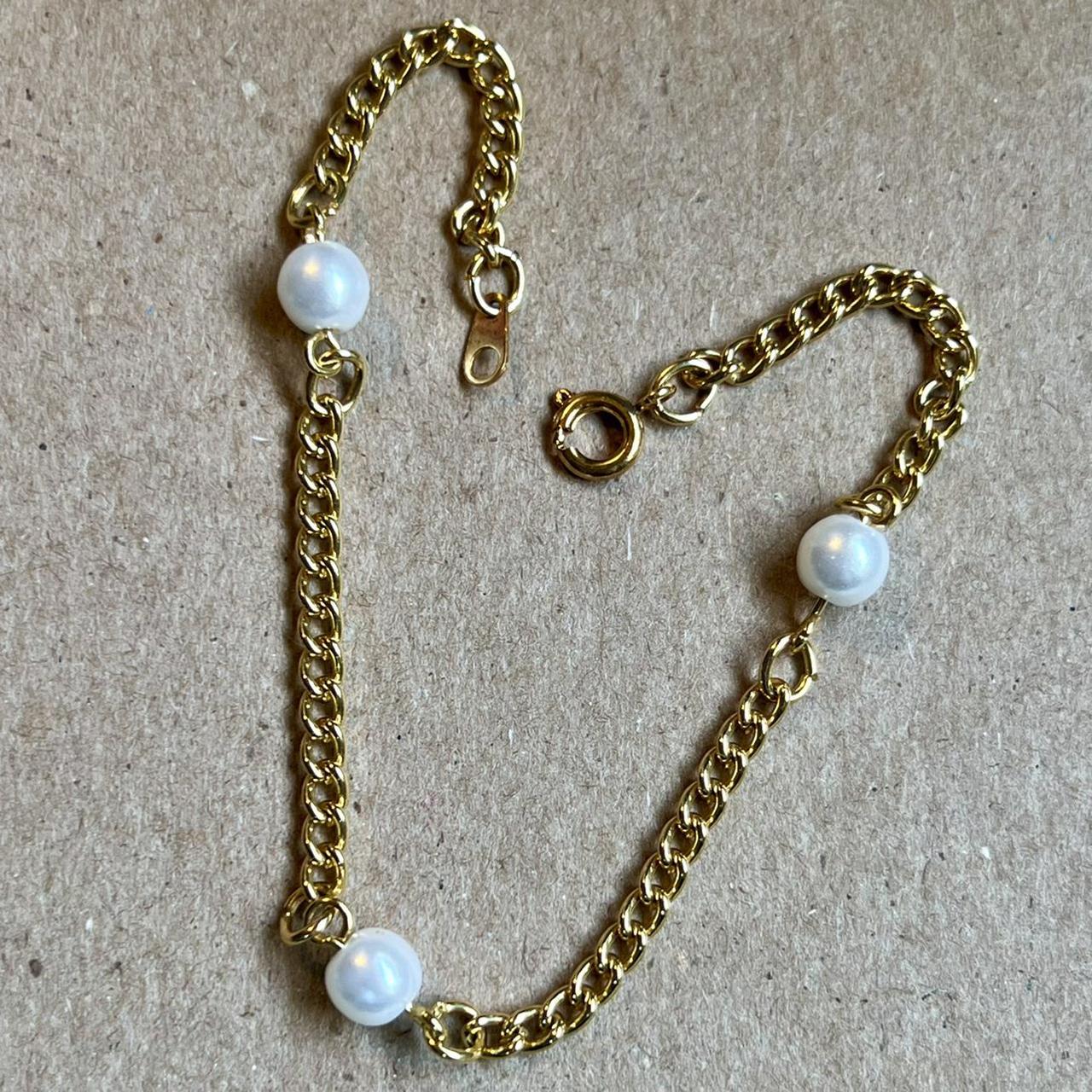 Pearl Gold Plated Chain Bracelet Pearls with Gold... - Depop