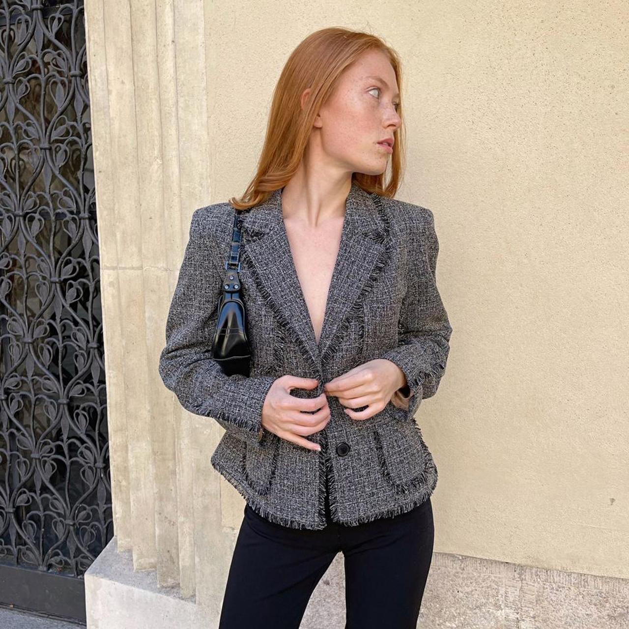 Vintage viscose blend perfect grey tweed blazer with... - Depop