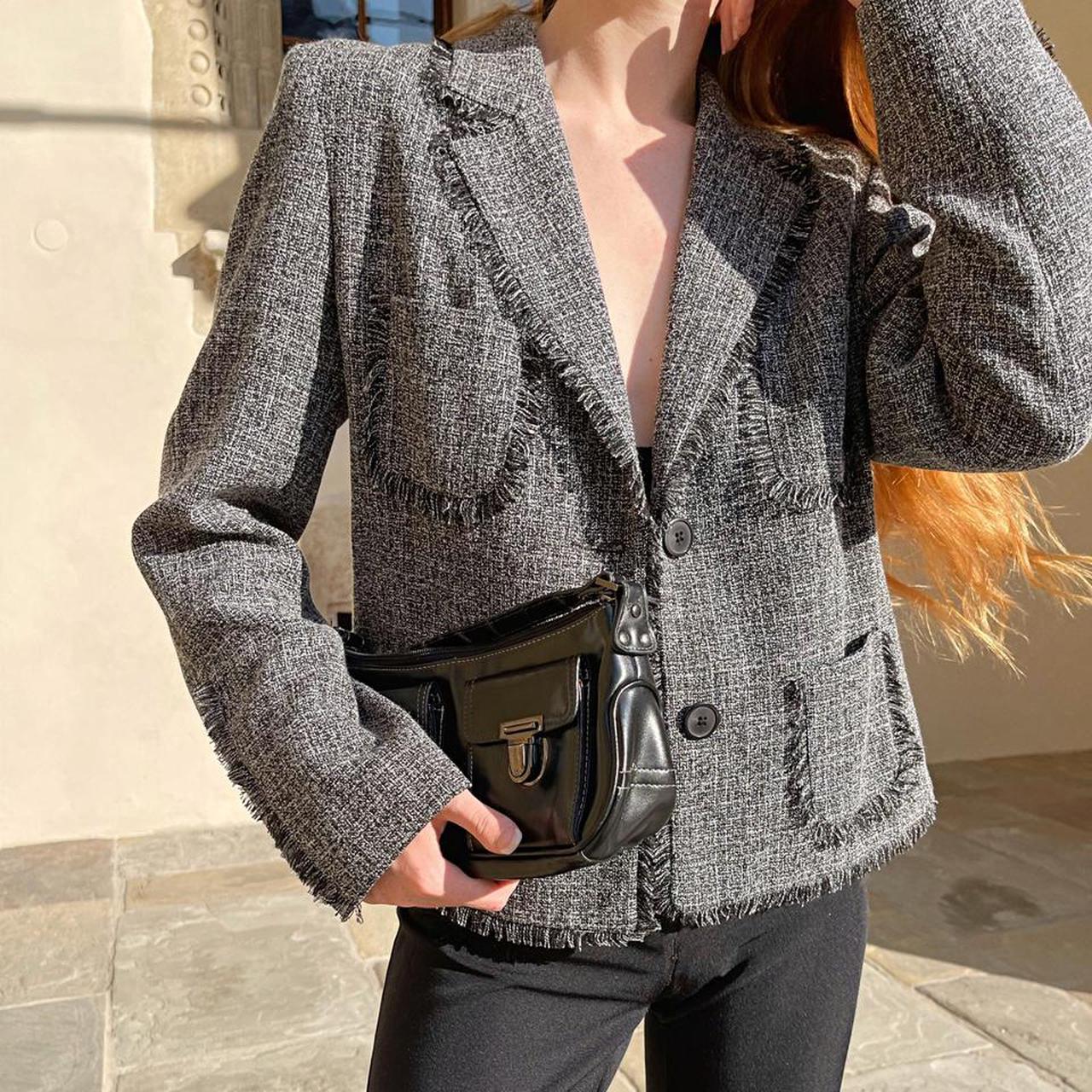 Vintage viscose blend perfect grey tweed blazer with... - Depop