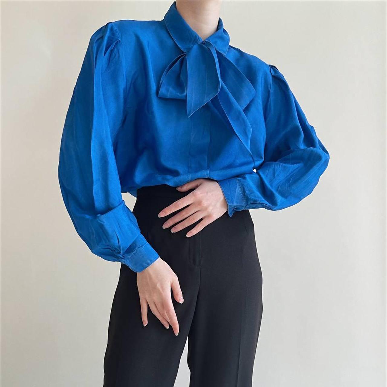 Cobalt blue vintage 100% silk blouse with neck... - Depop