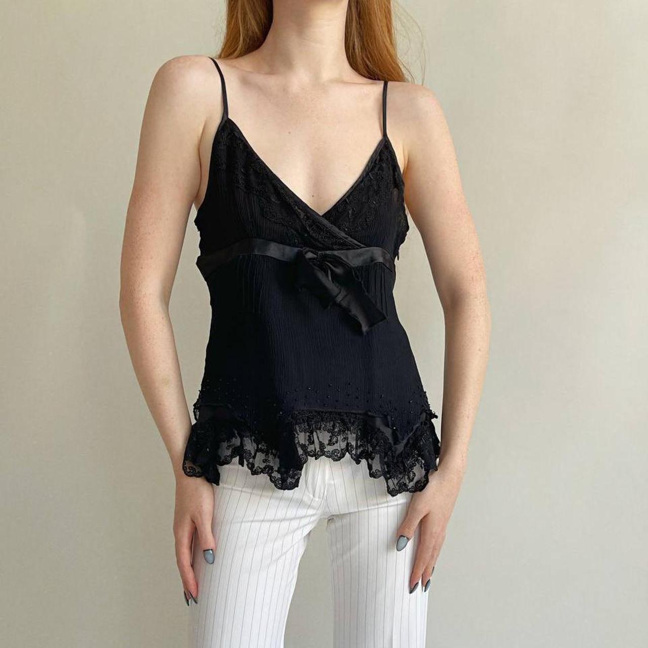 Stunning y2k black 100 pure silk cami top with lace... Depop