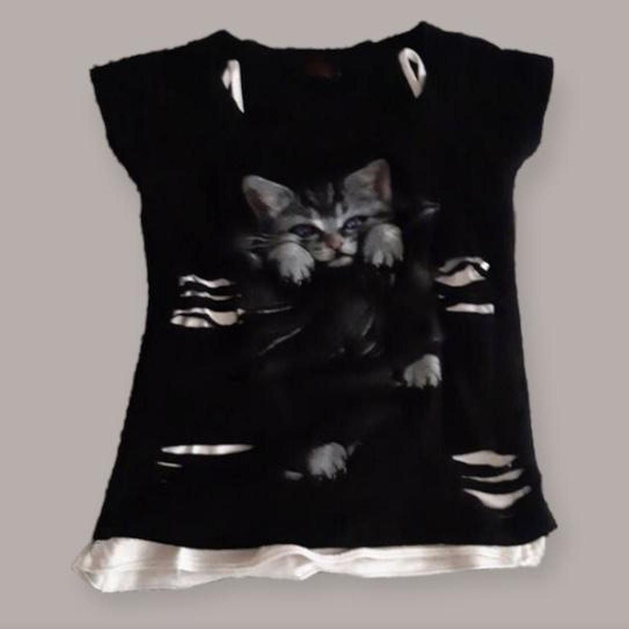 Ripped black t-shirt with a gray cat with purple… - Depop
