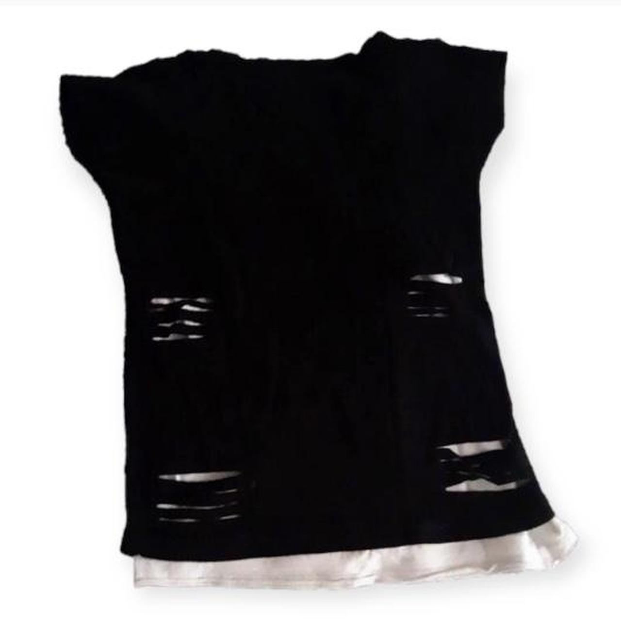 Ripped black t-shirt with a gray cat with purple… - Depop