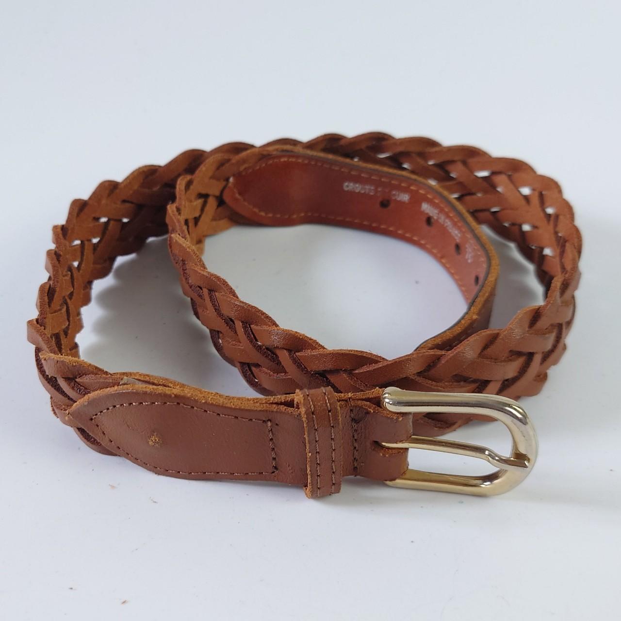 Women's vintage brown leather woven belt with a gold... - Depop