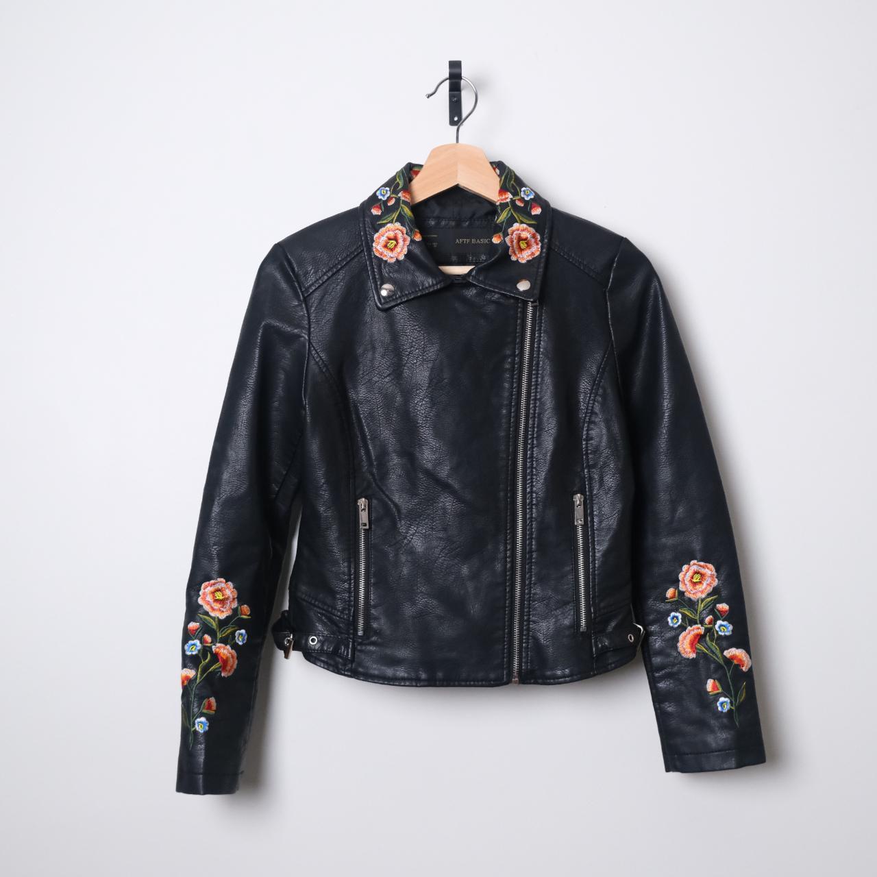 // AFTF Basic Embroidery Flower Faux Leather Moto... - Depop