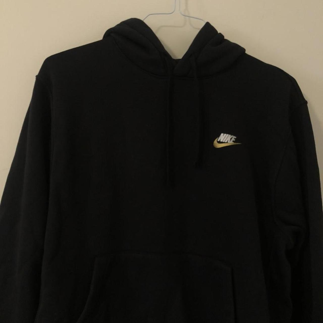 NIKE CLUB HOODIE BLACK WITH GOLD AND WHITE... - Depop