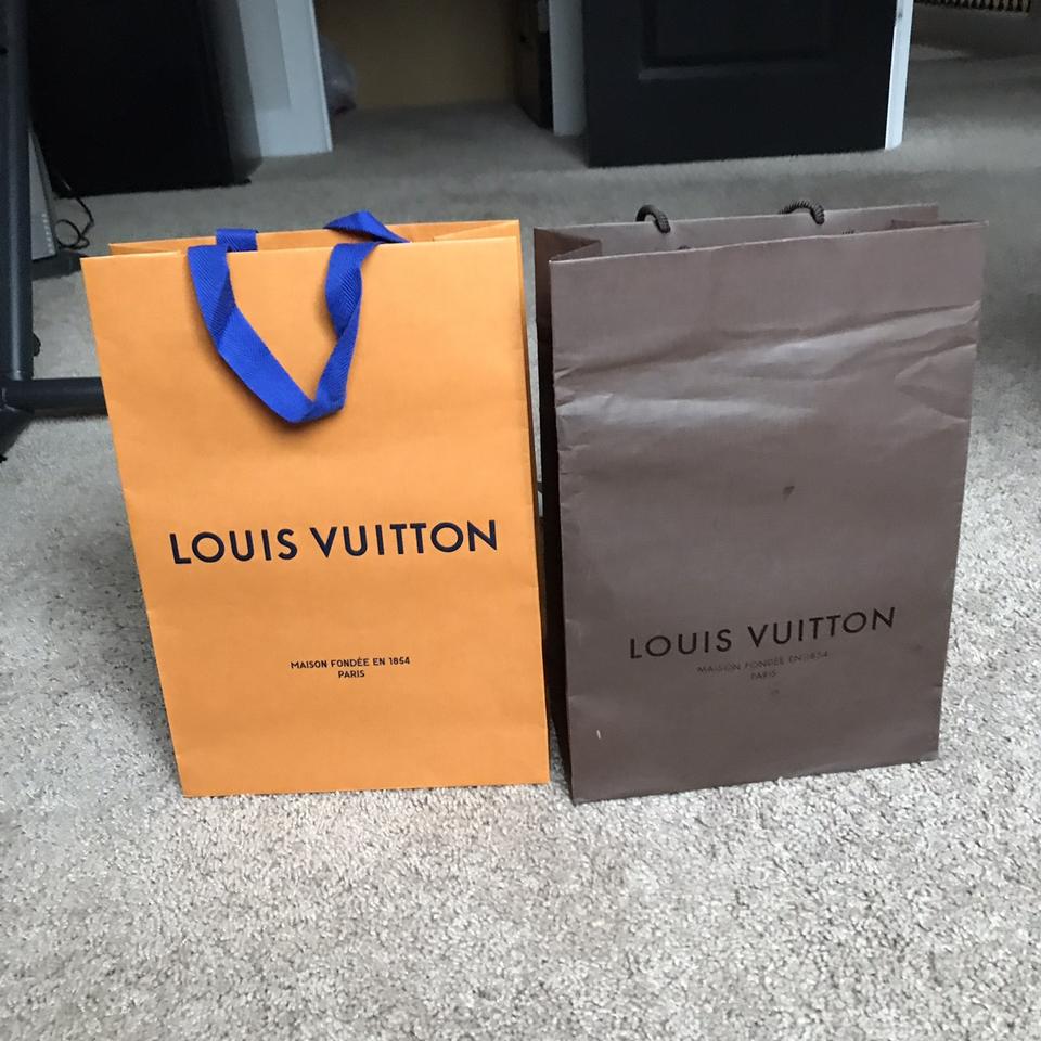 Louis Vuitton orange shopping bags with blue handle - Depop