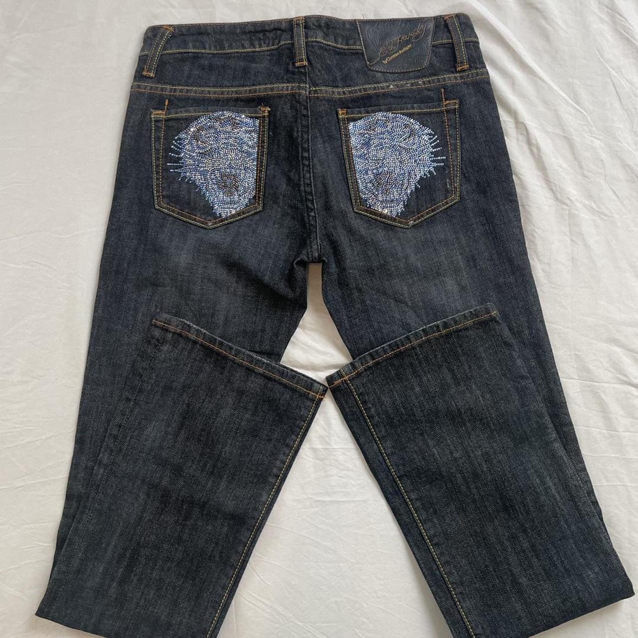 Vintage Ed Hardy jeans blue Rhinestone lion design... - Depop