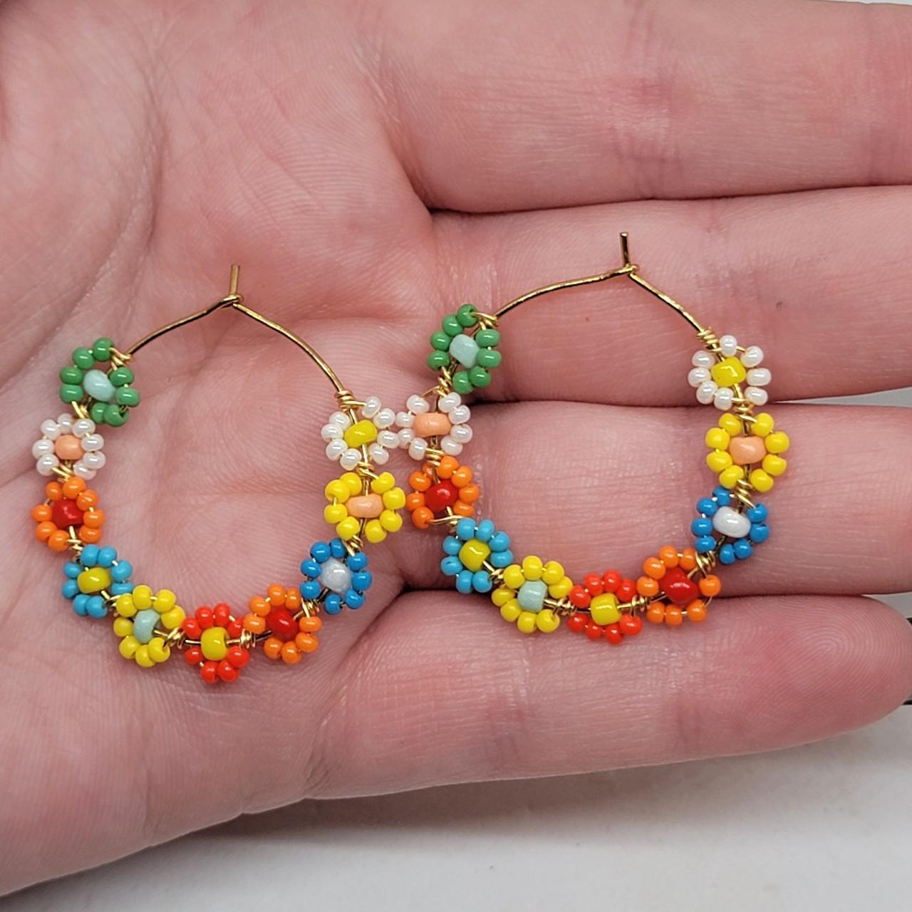 Beaded Flower Hoop Earrings 02 y2k retro... Depop