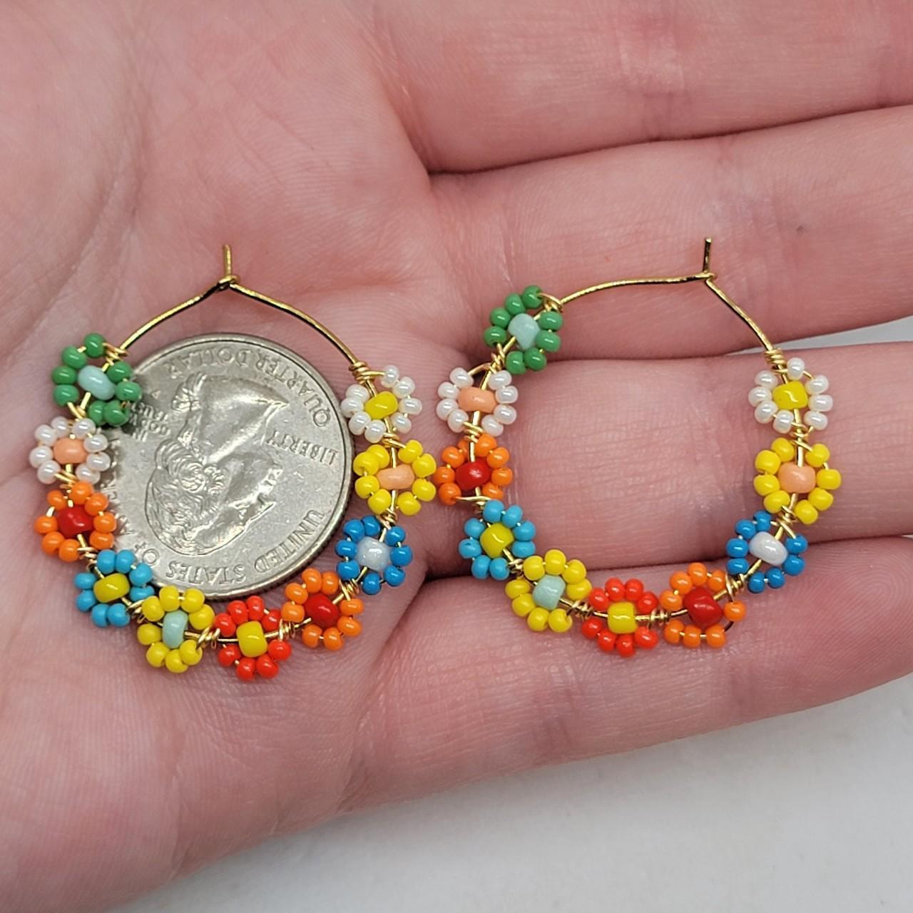 Beaded Flower Hoop Earrings 02 y2k retro... Depop