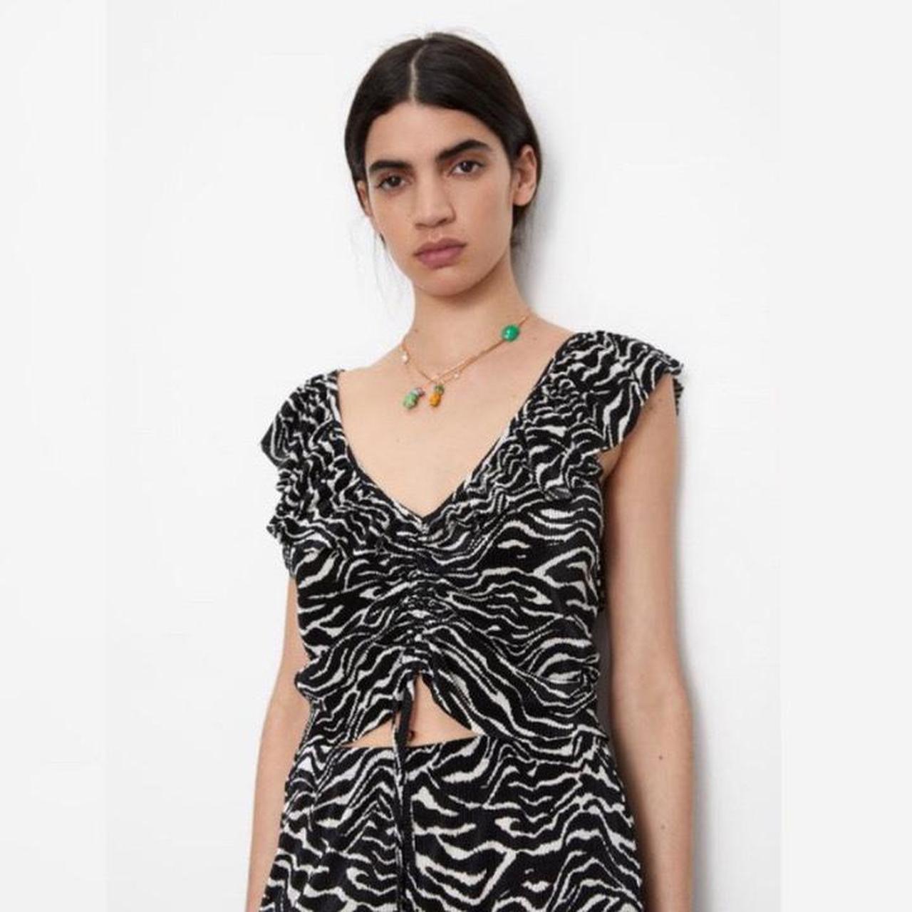 Zara Pleated Crop Top Ruffles Zebra Black White... Depop