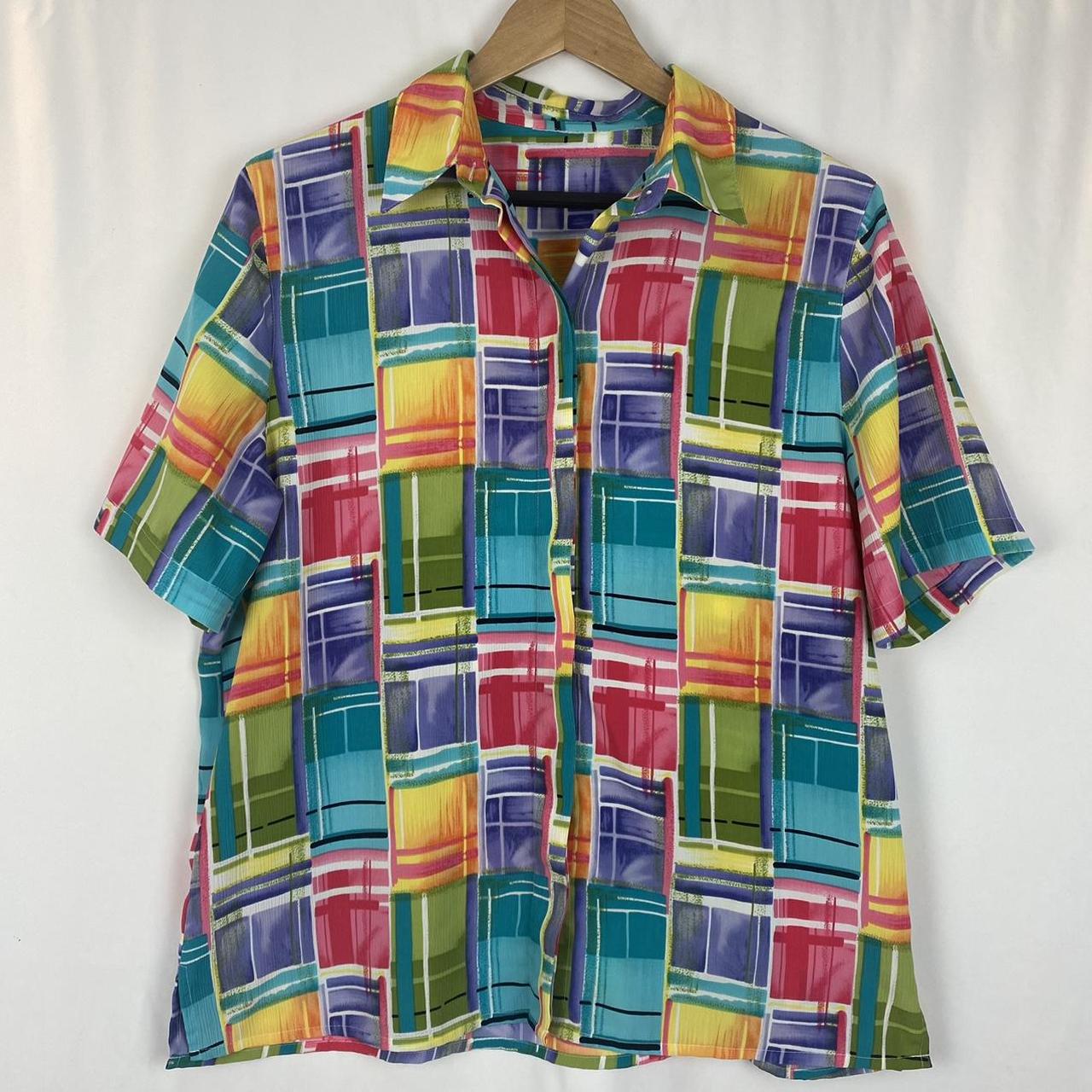 Vintage Crazy Colorful Rainbow Button Up Shirt... - Depop