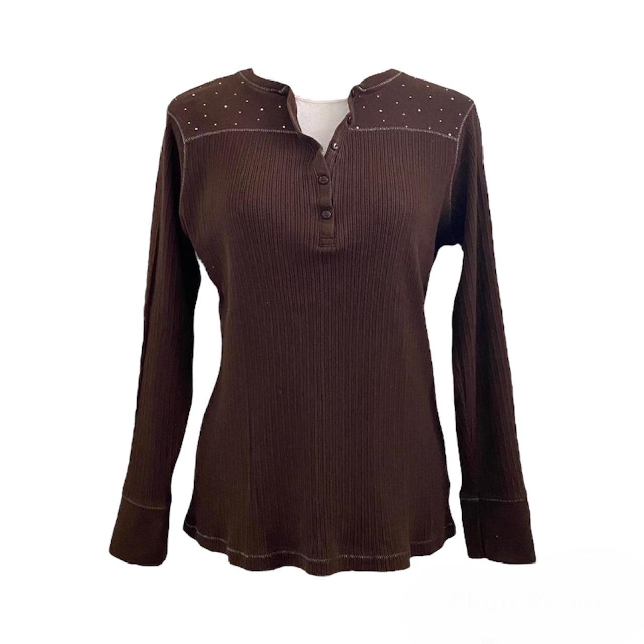 brown layered Henley long sleeve top with rhinestone... - Depop