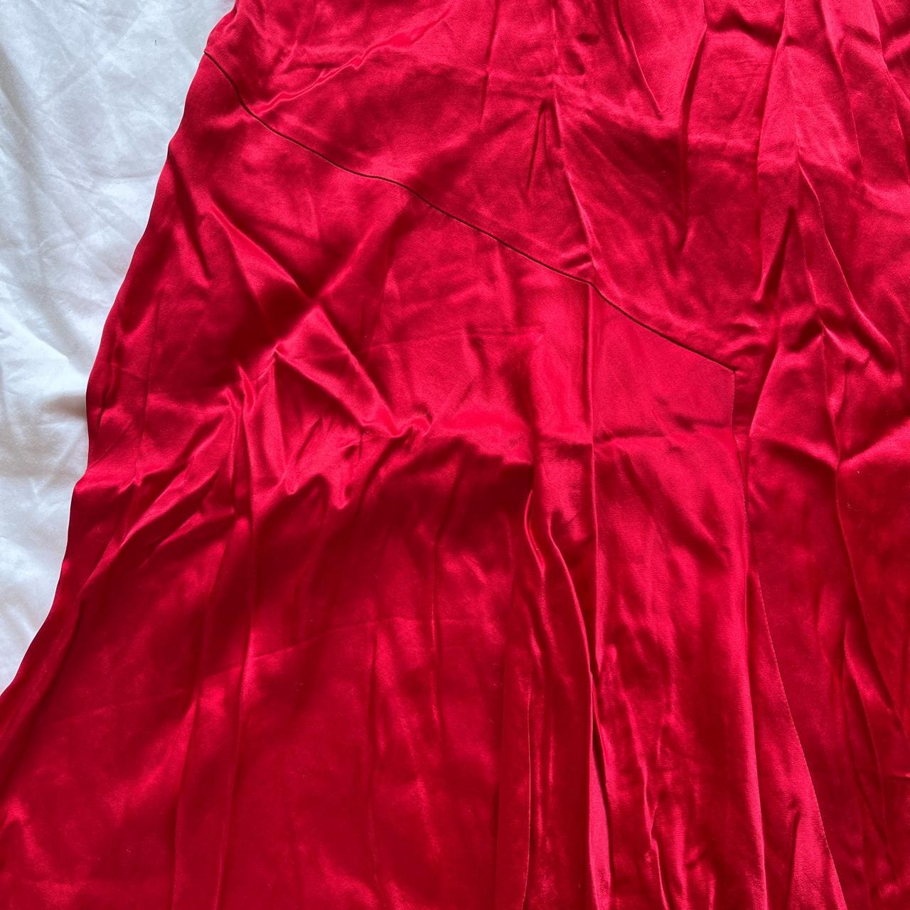 Red satin bias cut asymmetrical hemmed skirt. Mid... - Depop