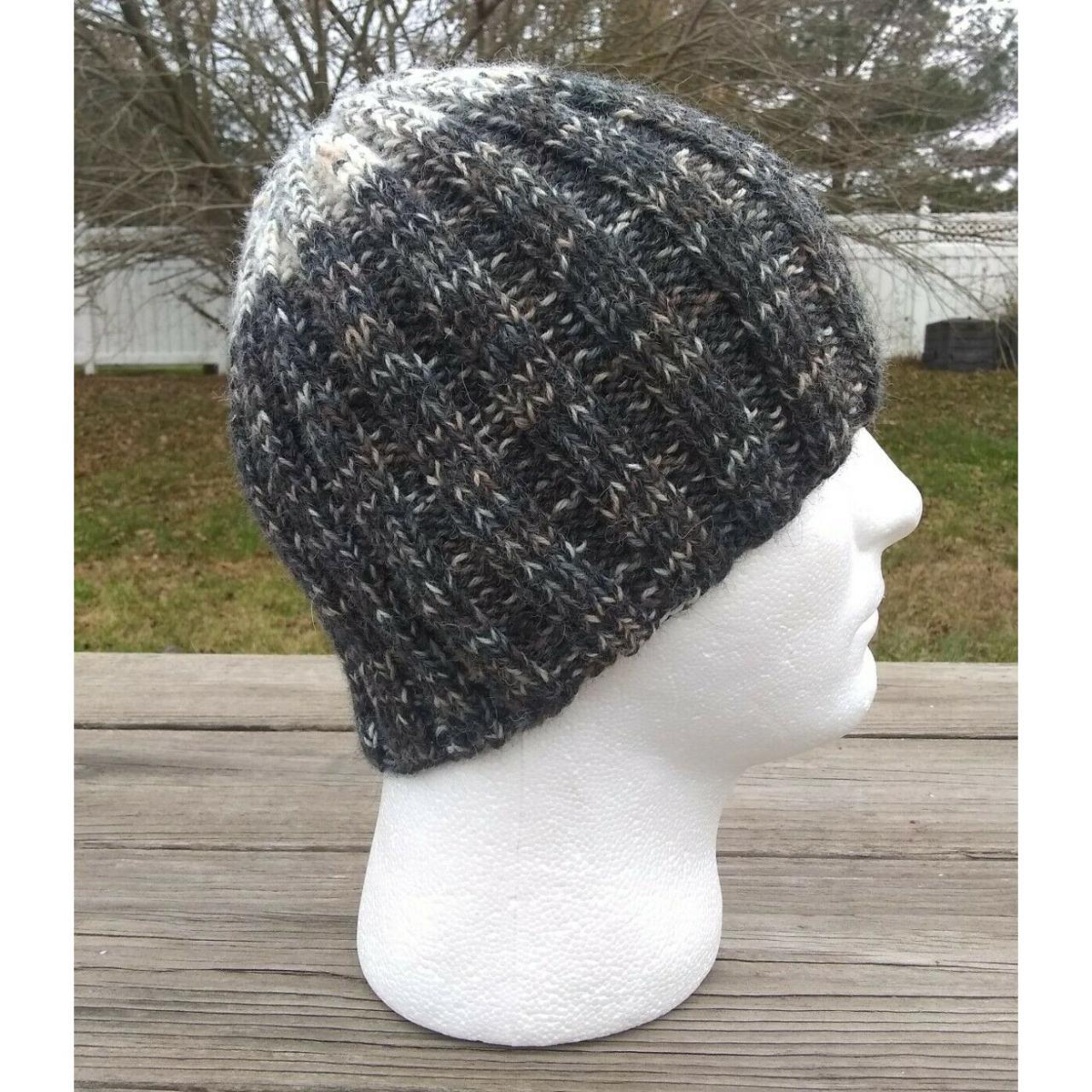 Mens Beanie Hat Skully Hand Knitted Gray OffWhite... Depop