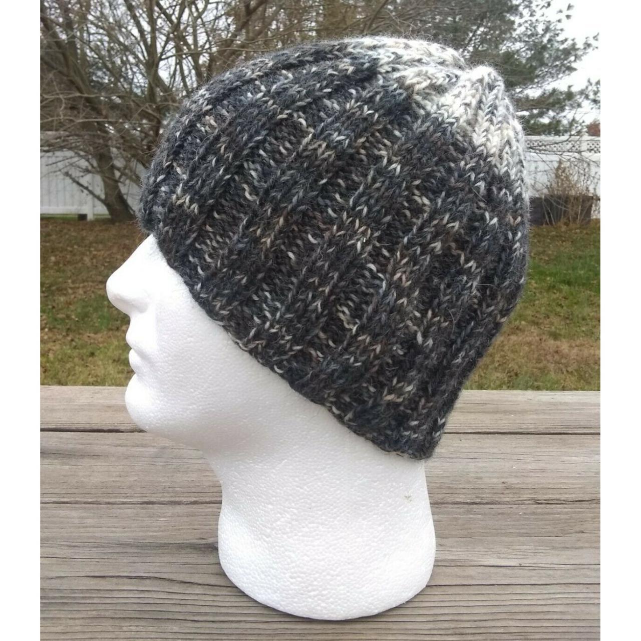 Mens Beanie Hat Skully Hand Knitted Gray OffWhite... Depop